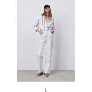 Zara White Black Striped Women's Collared Linen Blend Shirt 3/4 Sleeve Size L